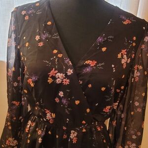 Floral Black Wrap Dress, M, has Front Button To Adjust If Desired